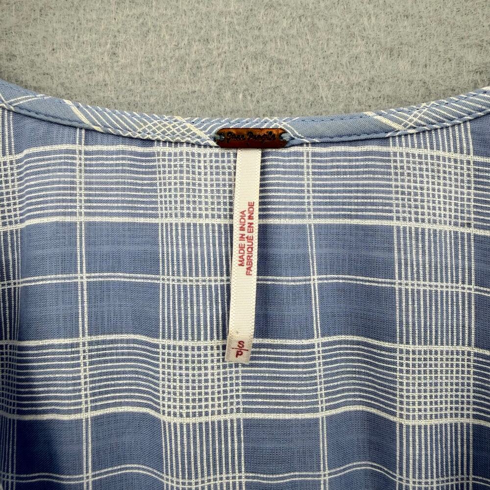 Free People Time Out Plaid Lace Trim 3/4 Sleeve Blue White 100% Cotton Tunic Top - Picture 9 of 10